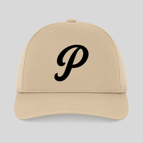 Beige cap with a black letter 'P' on a light gray background